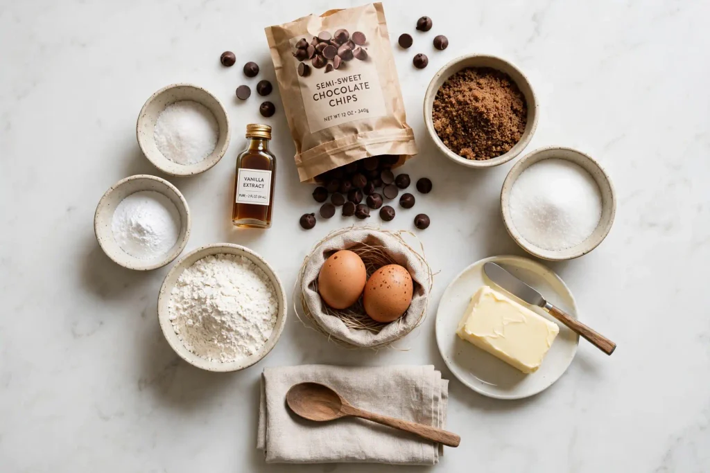 Alt: Flat lay overhead of chocolate chip cookie ingredients including a bag of semi-sweet chocolate chips, packed brown sugar, white sugar, a block of softened butter, and two eggs on a clean white kitchen counter.